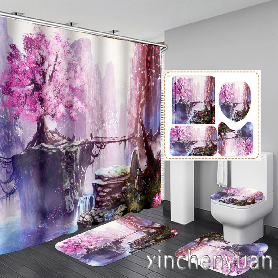 New 3D Print Color Fantasy Tree Shower Curtain Waterproof Bathroom Curtain Anti-slip Bath Mat Set Toilet Rugs Carpet VR42