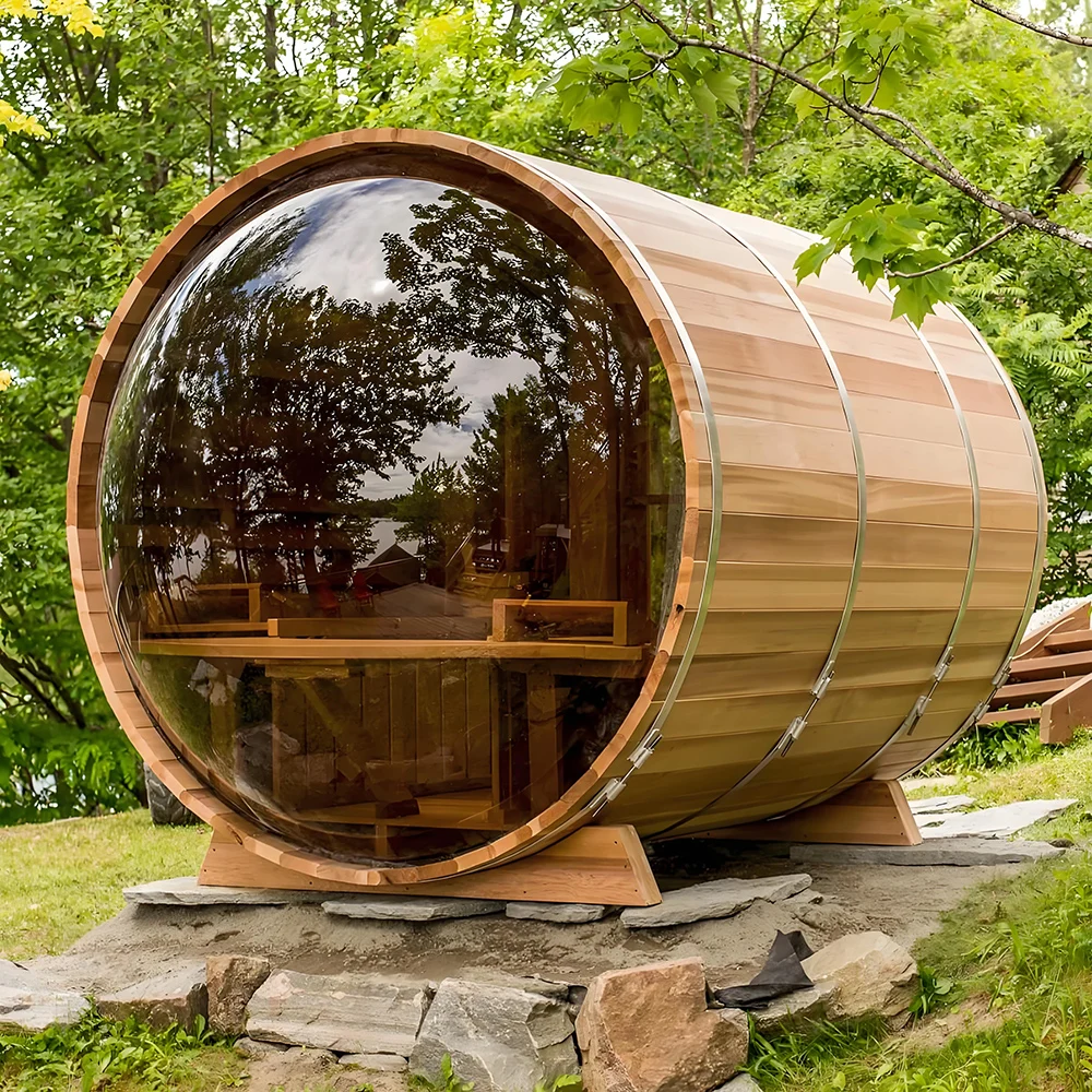 Weather Resistant Luxury Redwood Barrel Sauna Panoramic Glass Design 4-6 Person Traditional Steam Wooden Outdoor Garden Spa