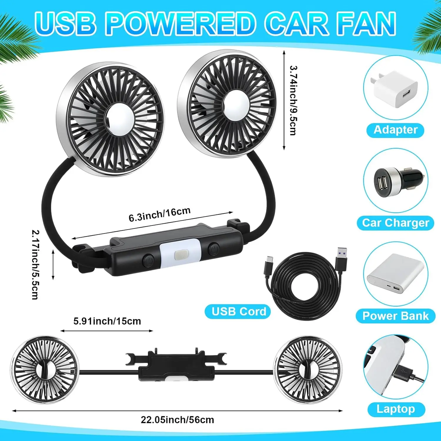 DaisyInner 2 Pcs Car Fan For Backseat Dual Backseat Cooling 360 Degree Rotatable Seat Fans With LED Light USB Car Rear Seat Fan