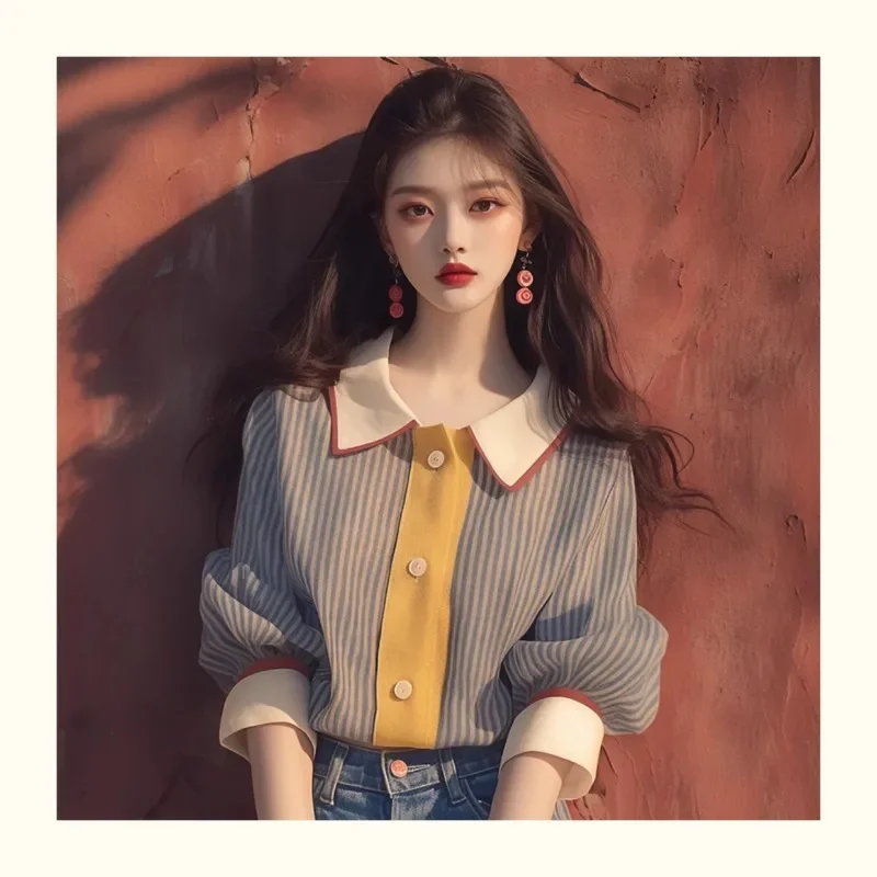 Chiffon vintage camisa feminina verão novo 2024 listra roupas coreanas vendas soltas topos de mangas curtas elegantes blusas femininas