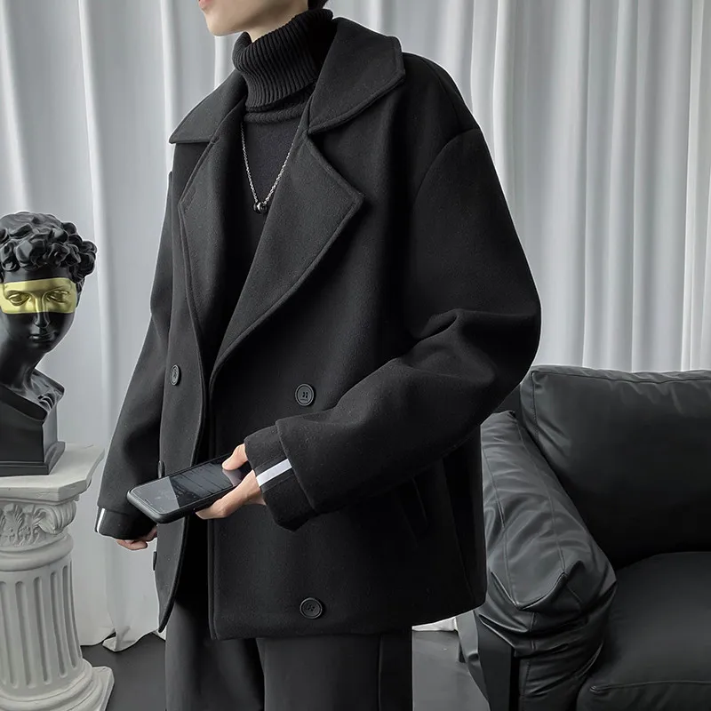 

Thickened Woolen Men's Suit Jacket Short Style Autumn Winter Fashion Trend Street Style Male Outerwear Pure Color Double Brea...