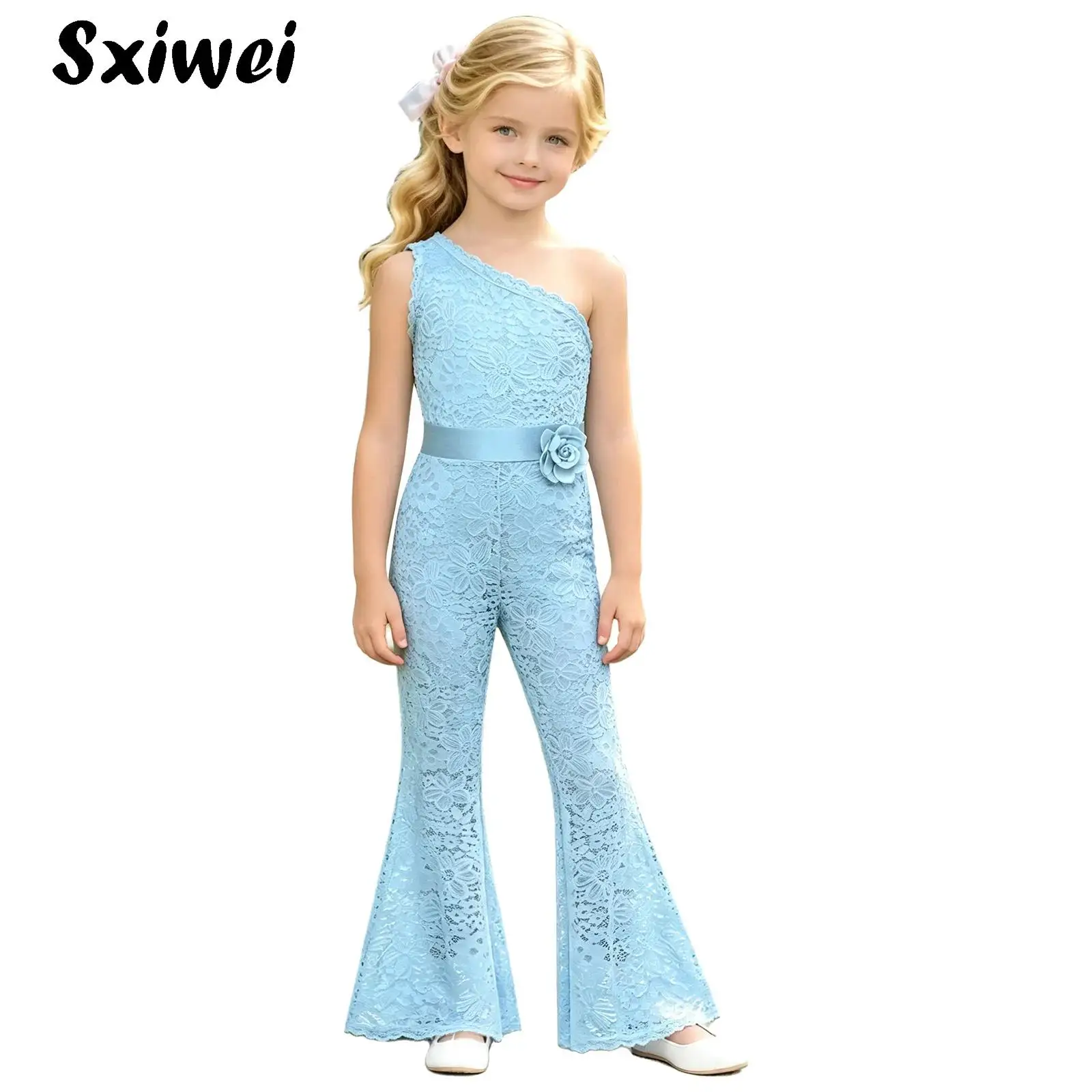 Flower Girls Wedding Party Jumpsuit Child Pageant Floral Lace Rompers 3D Brooch Birthday One Shoulder Sleeveless Flared Jumpsuit