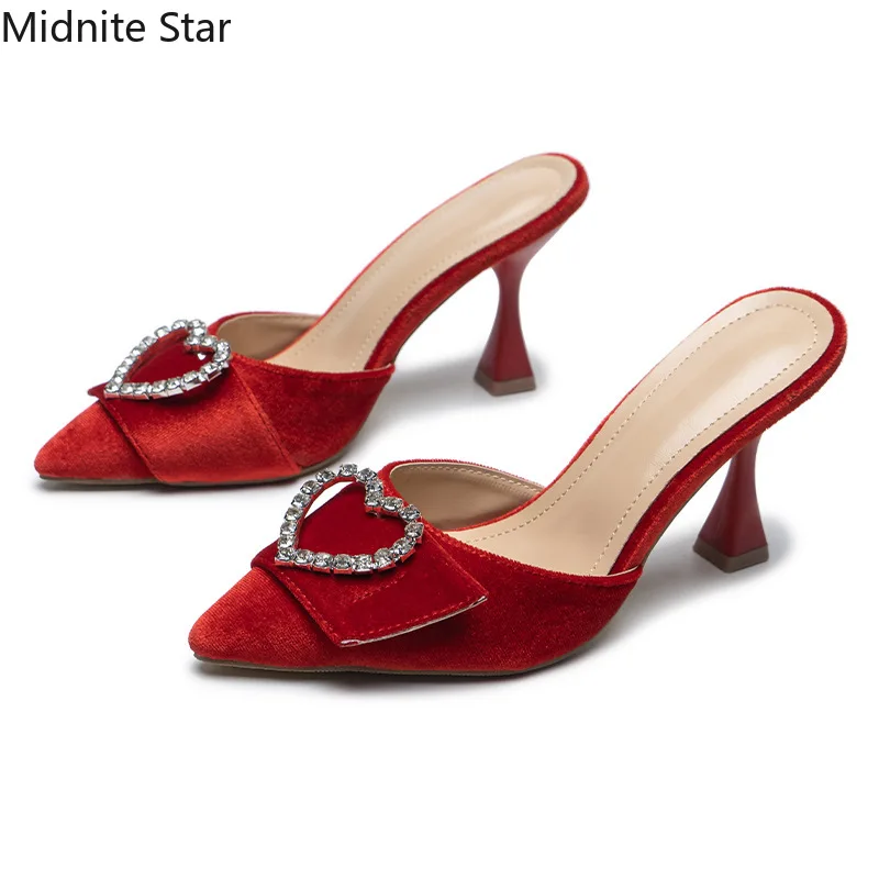 2022 Summer Sexy Stiletto High-heeled Slippers Women's Shallow Mouth Pointed Suede Rhinestone Pearl Diamond Buckle Women's Shoes