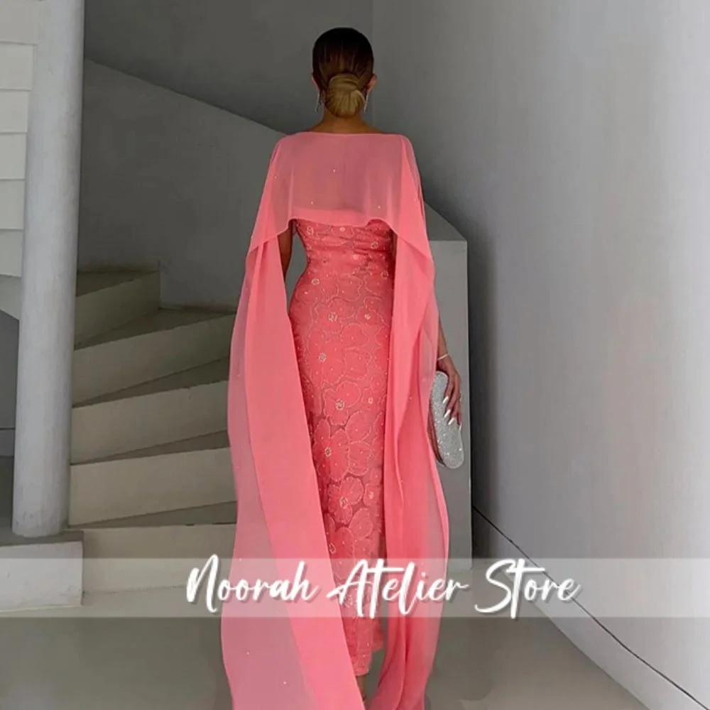 Peach Pink Evening Dress Chiffon Cape Strapless Sleeveless Exquisite 3D Flower Mermaid Party Gown Saudi Prom Dress Customized