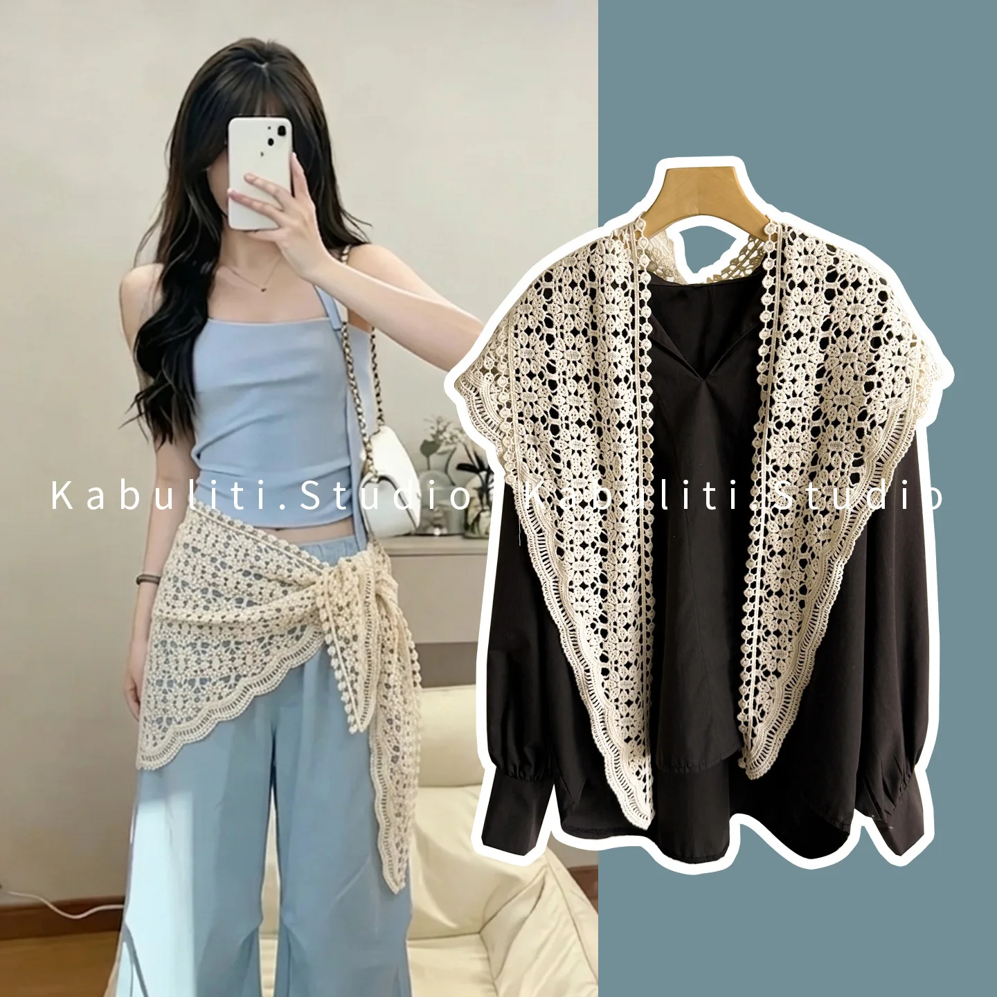 Triangle Scarf Lace Hollow Floral Korean Style Versatile Waist Wrap Headband for Girls Fashionable Soft Breathable
