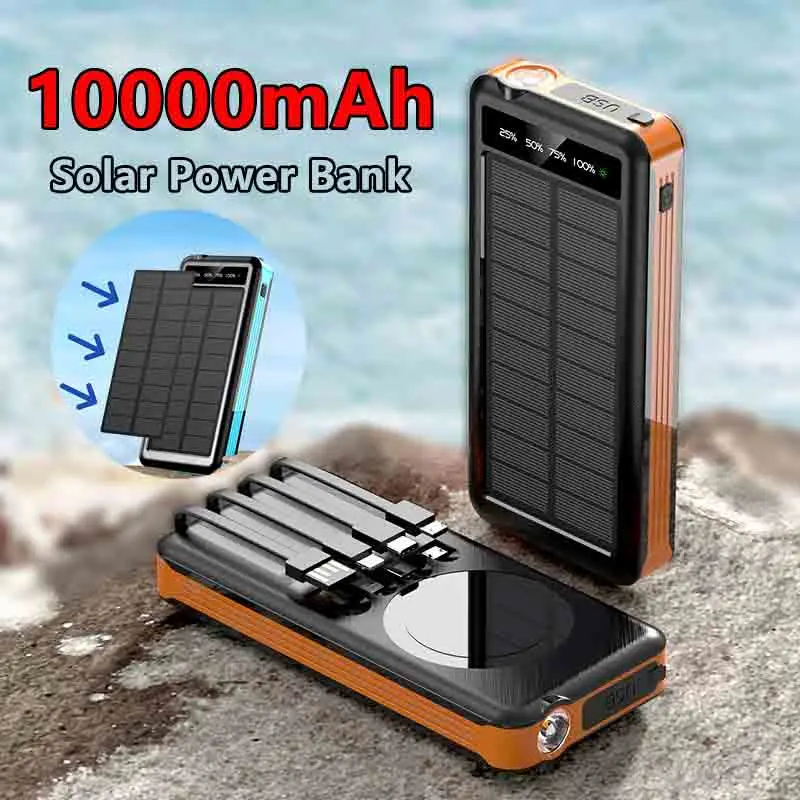 

10000mAh Solar Power Bank PD22.5W Fast Charging External Battery Built-in Four Wire PowerBank for Samsung IPhone