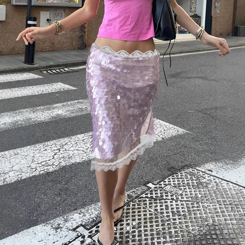 

Tuularose Fashion Sequin Skirt Sexy See Through Lace Patchwork Glitter Sequin Skirt High Waist Streetwear Party Look Women Skirt