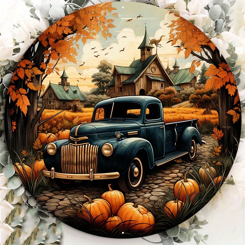 Aluminiowy metalowy znak Pumpkin Truck Welcome Sign, Hello Fall Party Print Out Wall Art, Home Decor, Garden Decoration, 8x8Inch, 1Pc