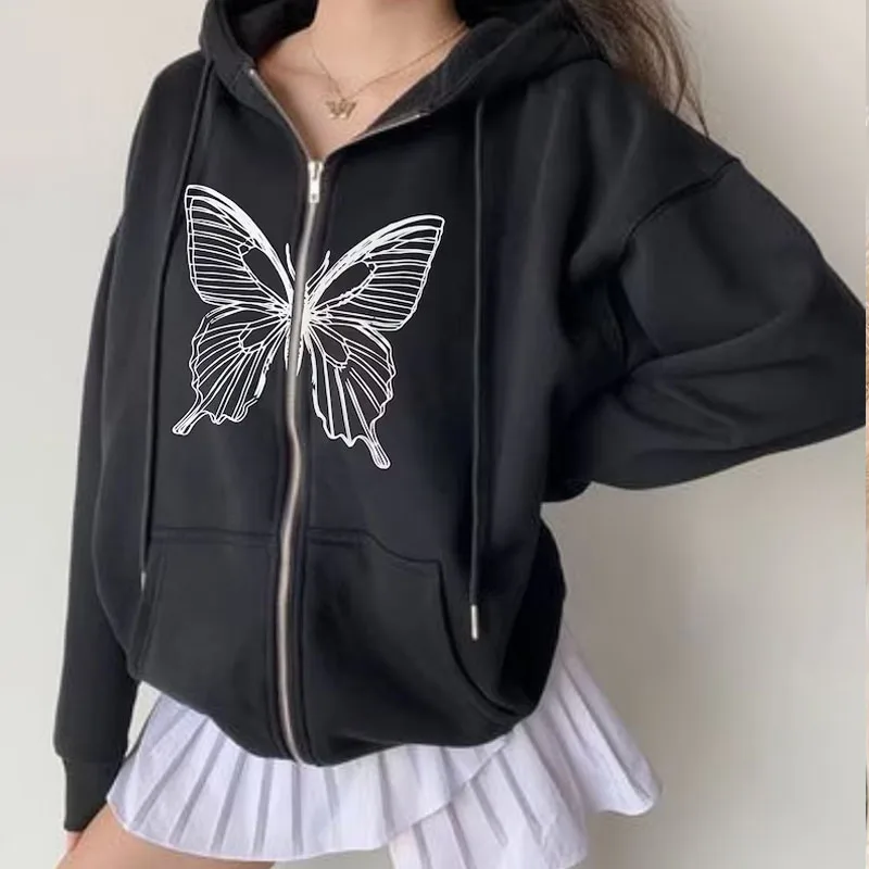 2000s Butterfly Hoodies Zipper Sweatshirt Autumn Grunge Punk Harajuku Y2k Clothing Women Interesting Hip Hop Sweatshirt Hoodies