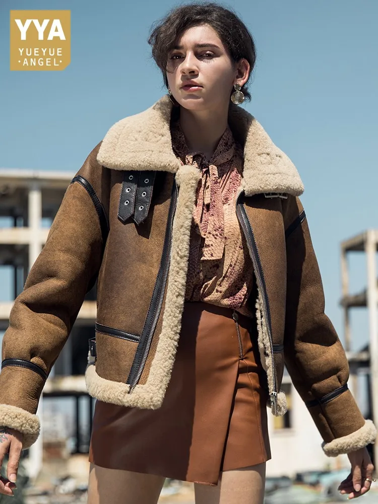 

Женская мотоциклетная байкерская куртка из овчины в стиле бойфренда из натуральной кожи, толстая теплая шерстяная подкладка, пальто из натуральной овчины