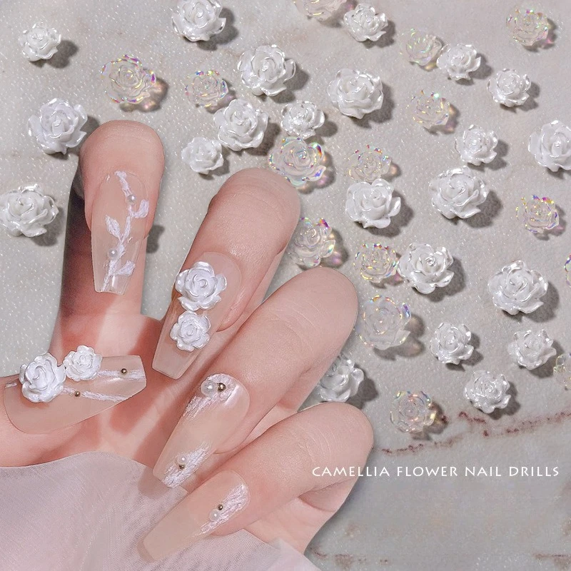 30Pcs Camellia Resin Nail Charms, Mixed Size Iridescent 3D Flower Ornaments for DIY Manicure Nail Art Accessories