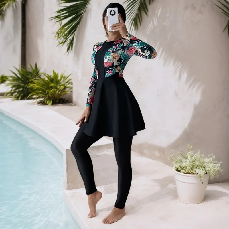Modest Muslim Burkini Swimwear Tropical Floral Print Long Sleeve Front Zip Flared Dress With Pants Ladies 3‑Piece Bathing Suit