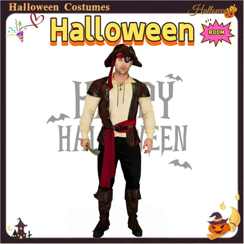 زي أداء القراصنة الجلدي للرجال البالغين في الهالوين لحفلات لعب الأدوار التنكرية وملابس المسرح #1
