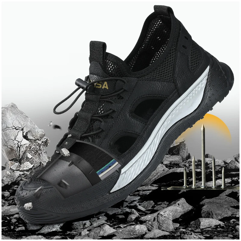 men luxury fashion breathable safety shoes summer steel toe caps work sneakers original leather sandals worker footwear protect