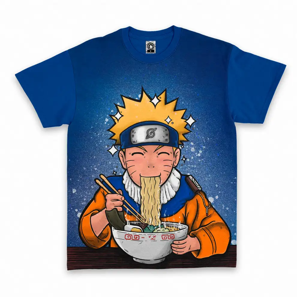 Naruto Uzumaki Eating Ramen T-shirt Anime Full Print Tee Unisex Streetwear Short Sleeve Top Manga Fans Gift