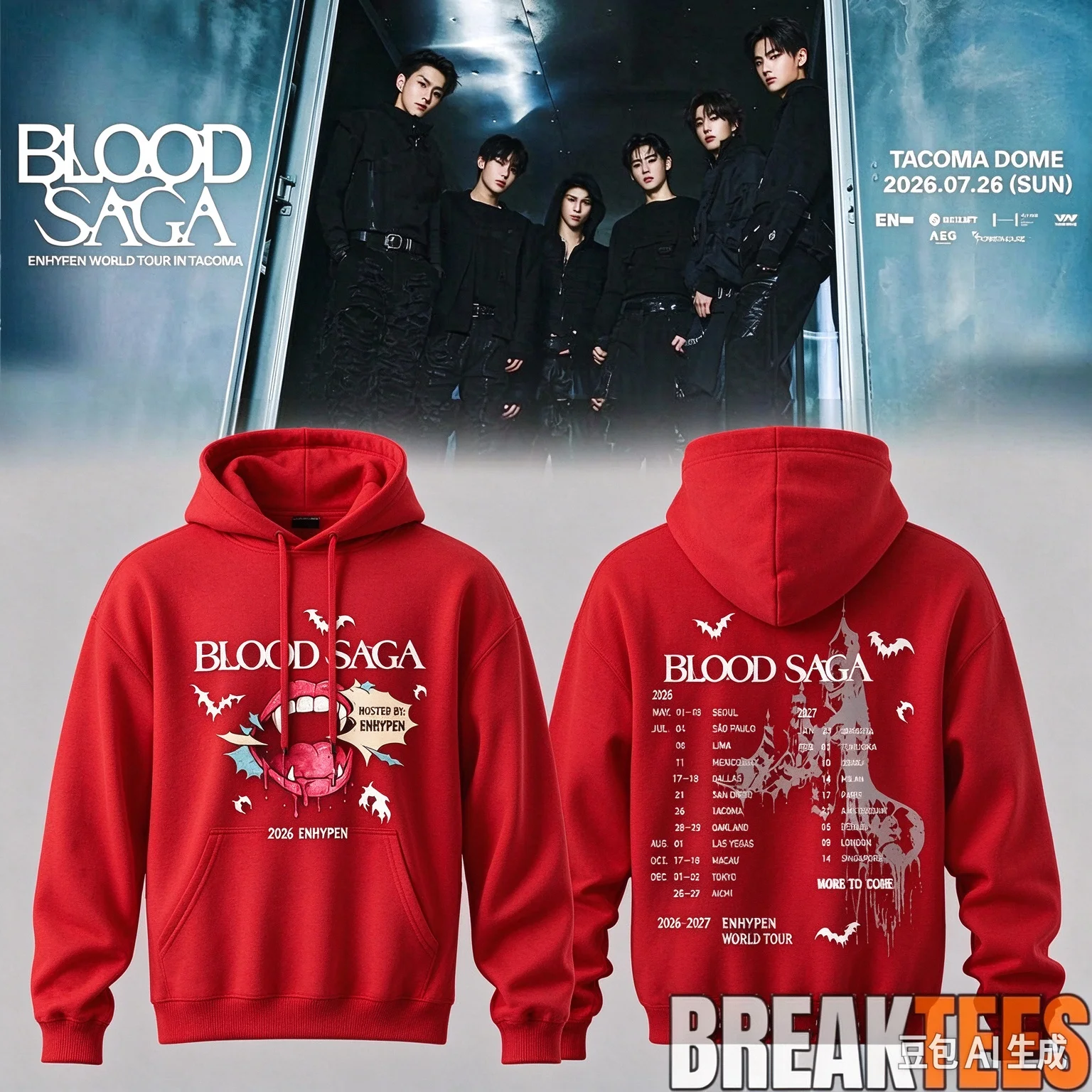 ENHYPEN Blood Saga World Tour Double Sided Hoodie Kpop Concert Merch Vampire Mouth Graphic Sweatshirt