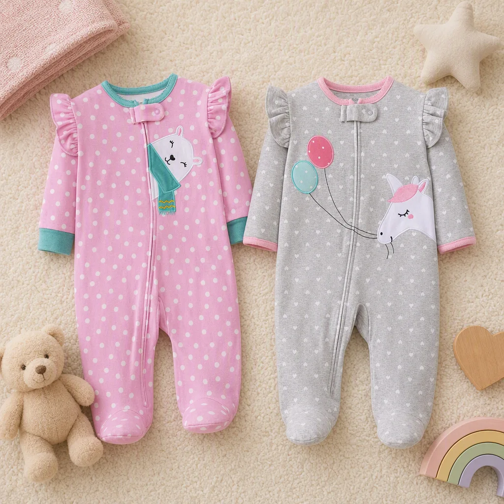 Cotton Baby Footed Romper with Ruffle Sleeve Heart&Polka Dot Print Cartoon Embroidery Zip Onesie for 3-9M Baby Girls All Season