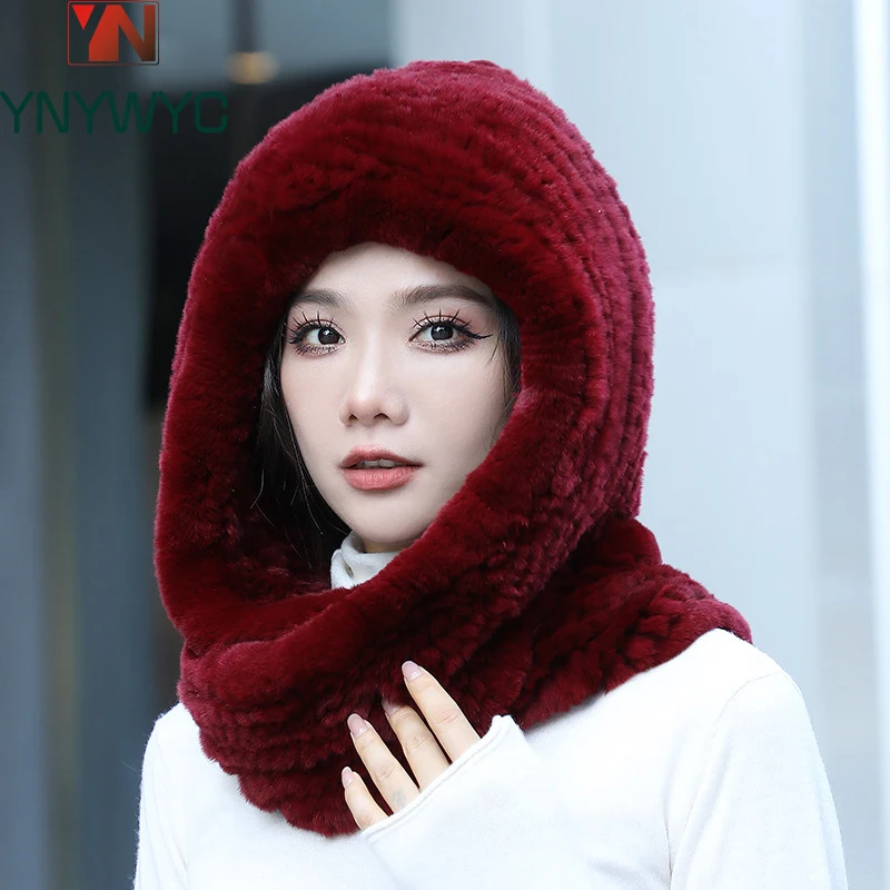 2024 Hot Sale New Women Real Knitted Rex Rabbit Fur Hat Hooded Scarf Long Winter Warm Fur Hat With Neck Collar Scarves Hat Scarf