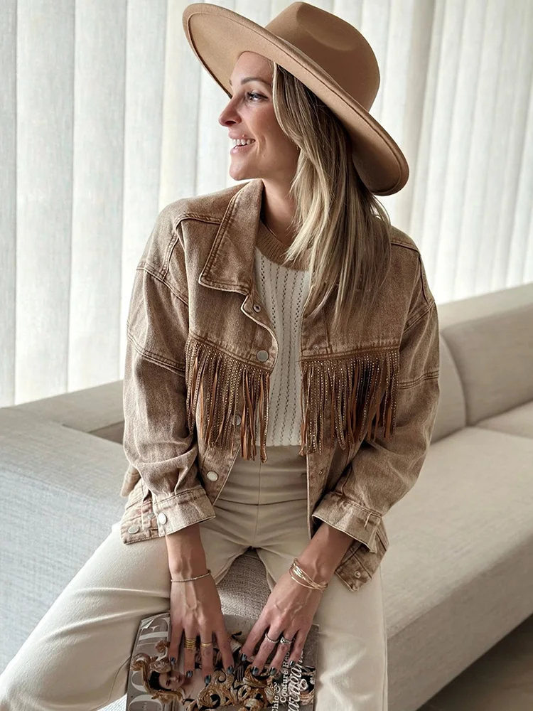 Gypsylady Stylish Retro Denim Women Jacket Autumn Winter Tassels Long Sleeve Cotton Khaki Brown Ladies Biker Jackets Chaquetas