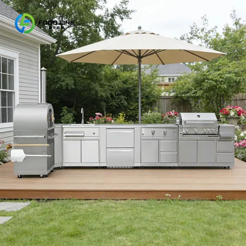 Customized Outdoor Kitchen Suite 304 Stainless Steel Modular Cabinets with Pizza Oven BBQ Grill Sink Cabinet for Villa