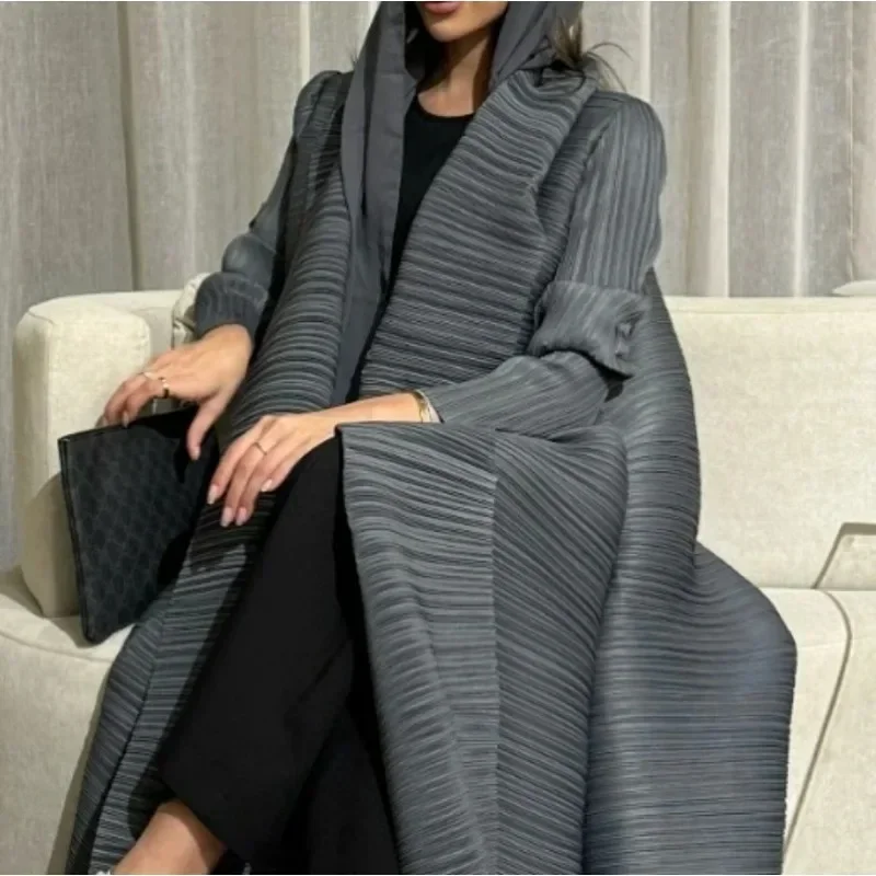 Miyake Pleated Solid Color Plus Size Long Jacket Saudi Women\'s Long Sleeve Shawl Cardigan Tie Abaya