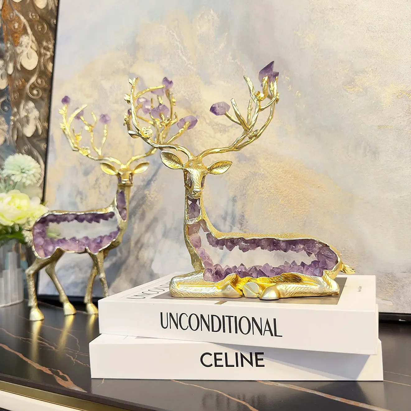 Amethyst Statue Simulated Animal Sculptures Golden Deer Crystal Deer Handicrafts Metal Figurine Home Decoration Accessories