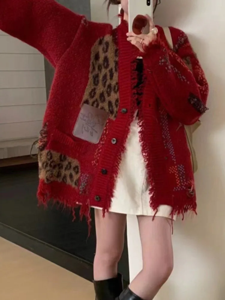 UCXQ Vintage Knitted Cardigan Korean Style V-neck Tassel Leopard Splicing All-match Sweater Jacket Women 2024 Autumn Winter 1853