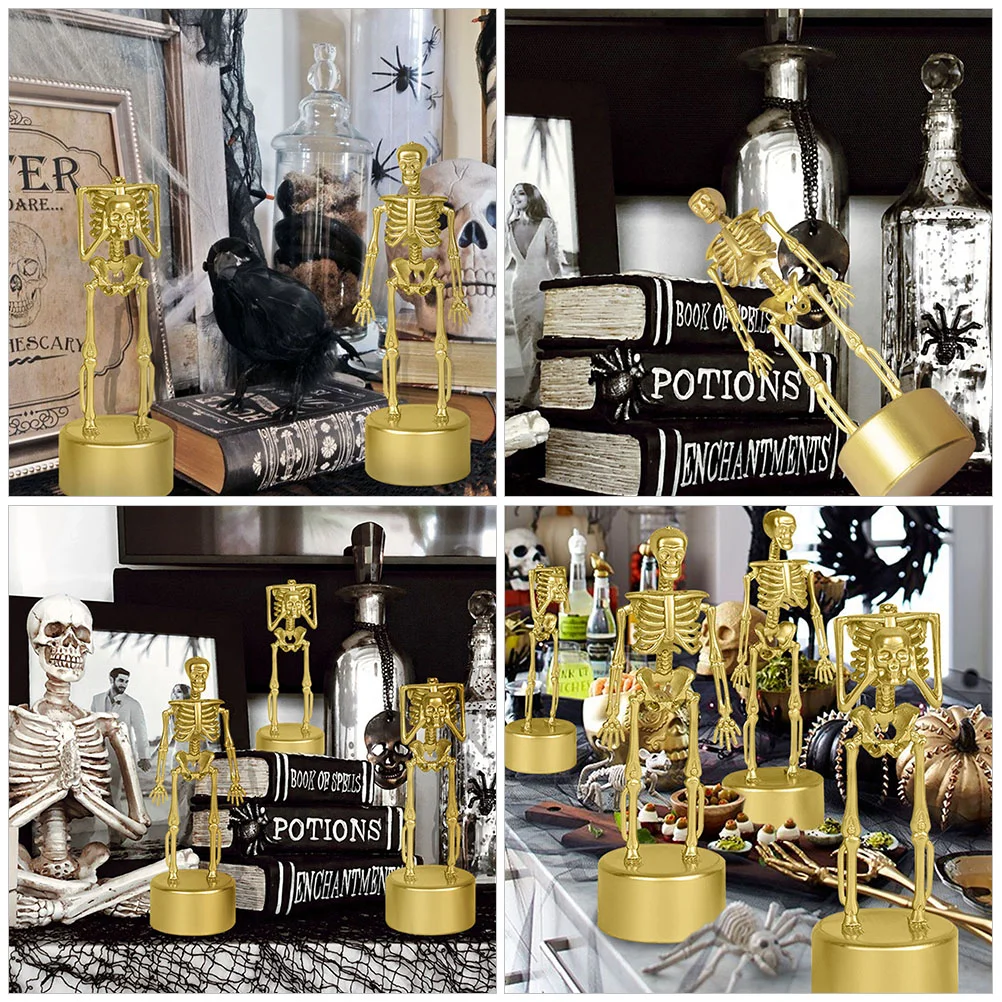 2 Pcs Skull Stand Trophy Halloween Figurine Party Ornaments Decorations Supply Gold Creepy Desktop Plastic Props