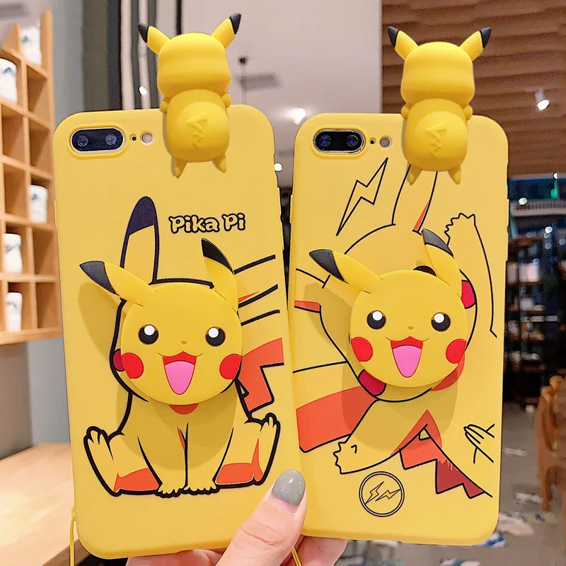 For iPhone 6 6s 7 8 X Xs Max XR 11 12 13 14 15 16 Pro Max SE Pokemon Pikachu Phone Case With Holder Rope