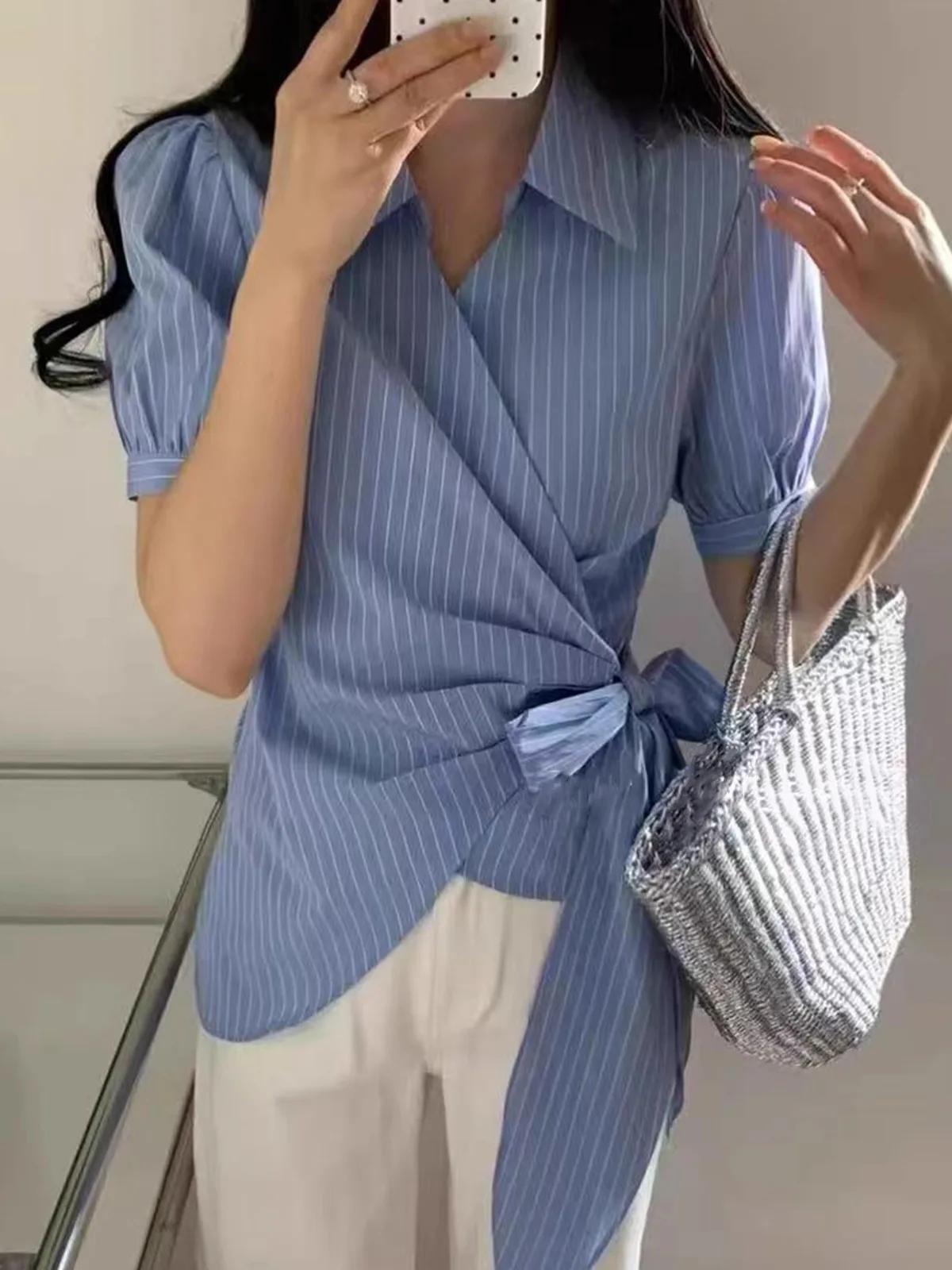 

Chic Striped Bubble Sve irt Women's Cross Collar Knot Belt Youthful Asymmetrical Top Trendy Cotton Blend