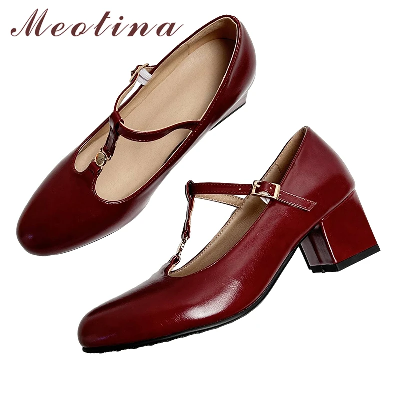 Meotina Women Mary Janes Pumps Round Toe Block Mid Heels Metal Decoration Buckle T-Tied Ladies Fashion Shoes Spring Autumn 46