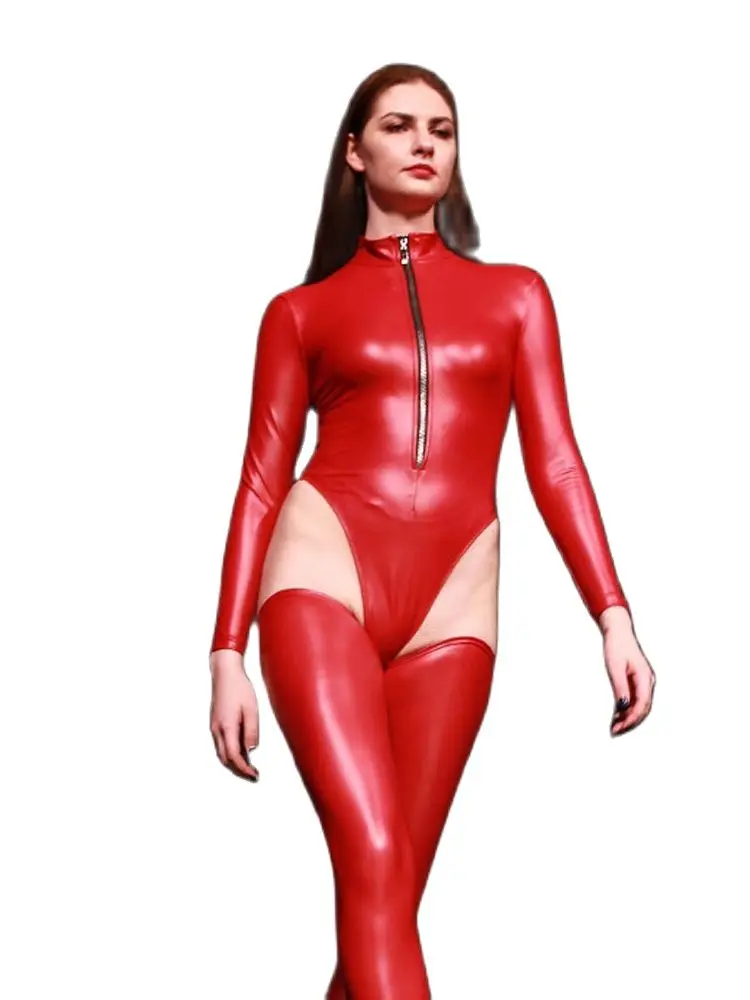 S-4XL Faux Latex Elastic PU Leather Catsuit Long Sleeve Open Crotch Bodysuit Tights High Cut Swimsuit Sexy Body Teddies Leotard