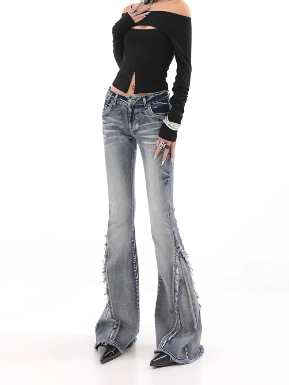 

2025 New Spring Low Waist Washed Flared Jeans for Women Hot Girl High Street Vintage Style Slim Fit Raw Hem Bell Bottom Pants