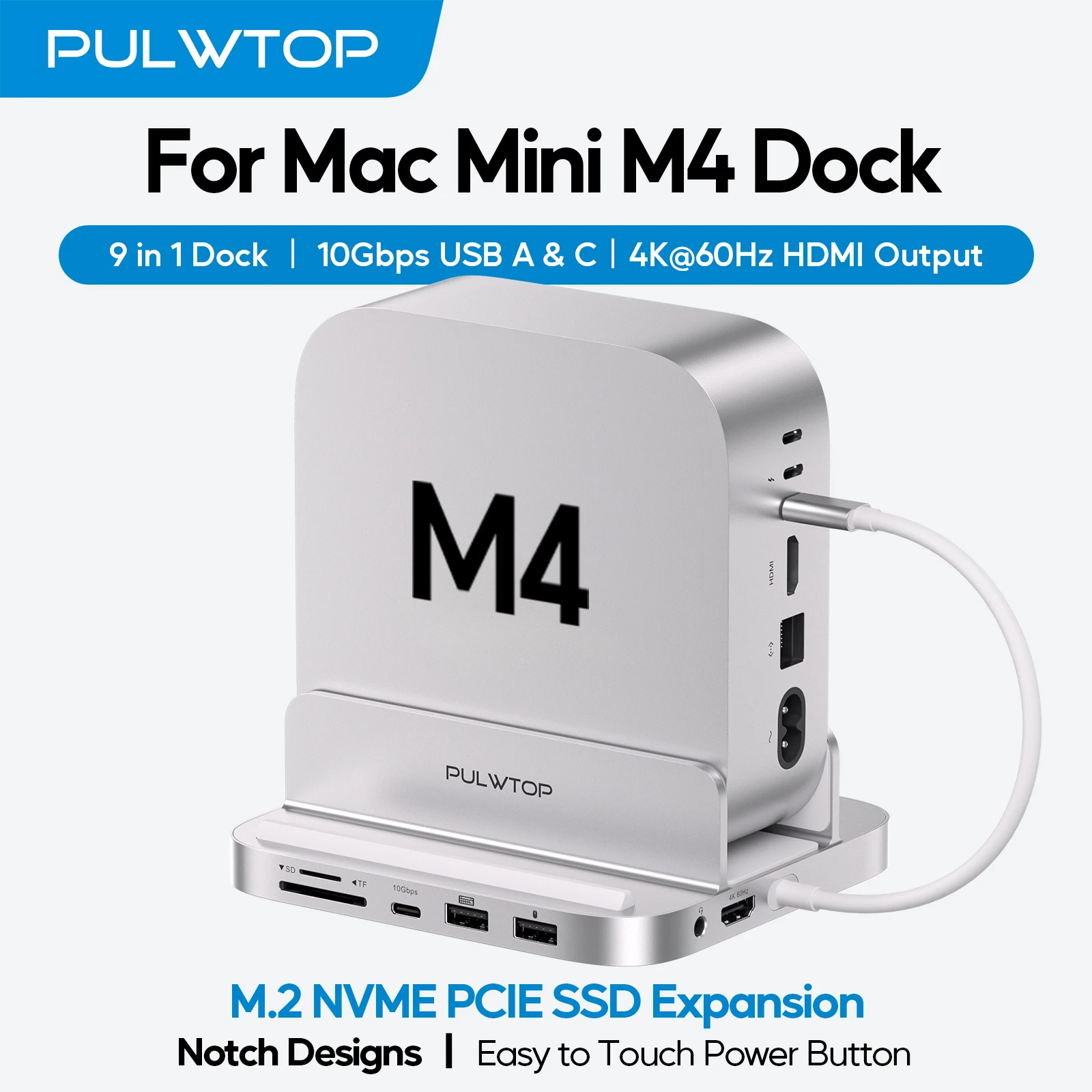 PULWTOP 9 in 1 Aluminum Vertical USB-C Hub for Mac Mini M6, M5 Pro, M4/M4 Pro Hub Stand, 2xUSB-A 2.0, 3.5mm Audio, SD/TF
