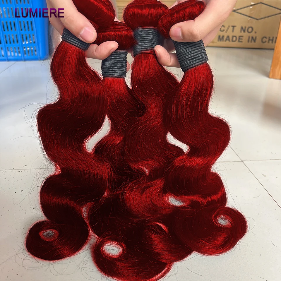 Hot Red Body Wave Human Hair Bundle Deal 99J Burgundy Brazilian Ombre Colored 100% Remy Human Hair 3/4 Bundle Hair Extension