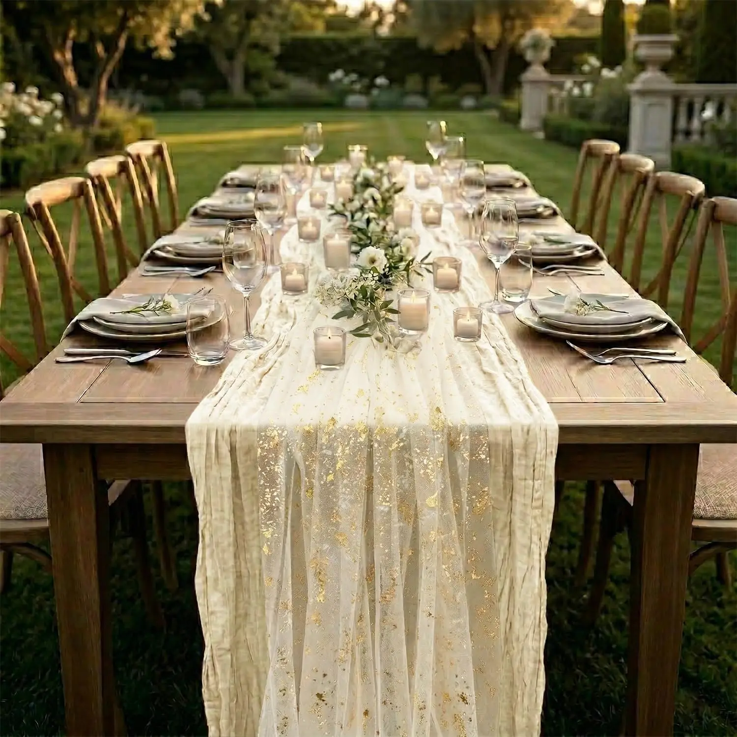 2pcs Cheesecloth Table Runner Beige Gauze with Gold Glitter Tulle Rustic Boho Cloth Runner for Wedding Party Bridal Shower Decor