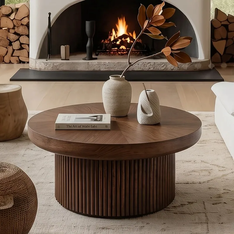 Medieval-style Modern Round Cocktail Table, 33.5-inch Round Recessed Coffee Table, Premium Solid Wood Parquet Top, Cylindrical Base, Thickened Tabletop, Suitable for Living Rooms and Small Spaces, Walnut Color.