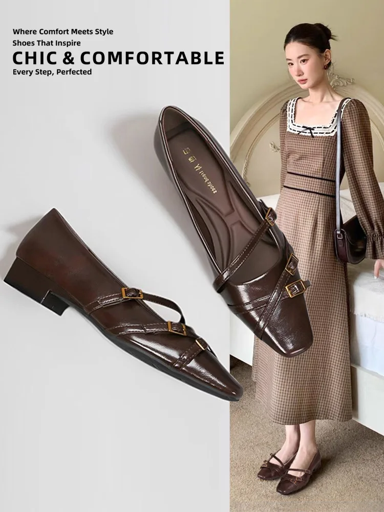 Gorasion 2025 Women's Double Buckle Strap Pumps Low Heel Square Toe and Heel Mary Janes Shoes Handmade Women Dress Shoes