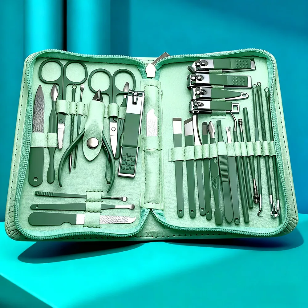 Set tagliaunghie sfumato blu rosso da 30 pezzi con kit di strumenti per manicure in acciaio inossidabile con lama convessa, con scatola portaoggetti, regalo per le vacanze