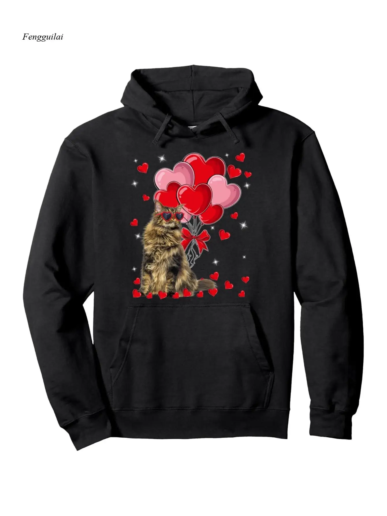Maine Coon Cat Hoodie met hartmode bril en ballonnen Valentijnsdag Pullover - Zwart Cat Print Sweatshirt met capuchon
