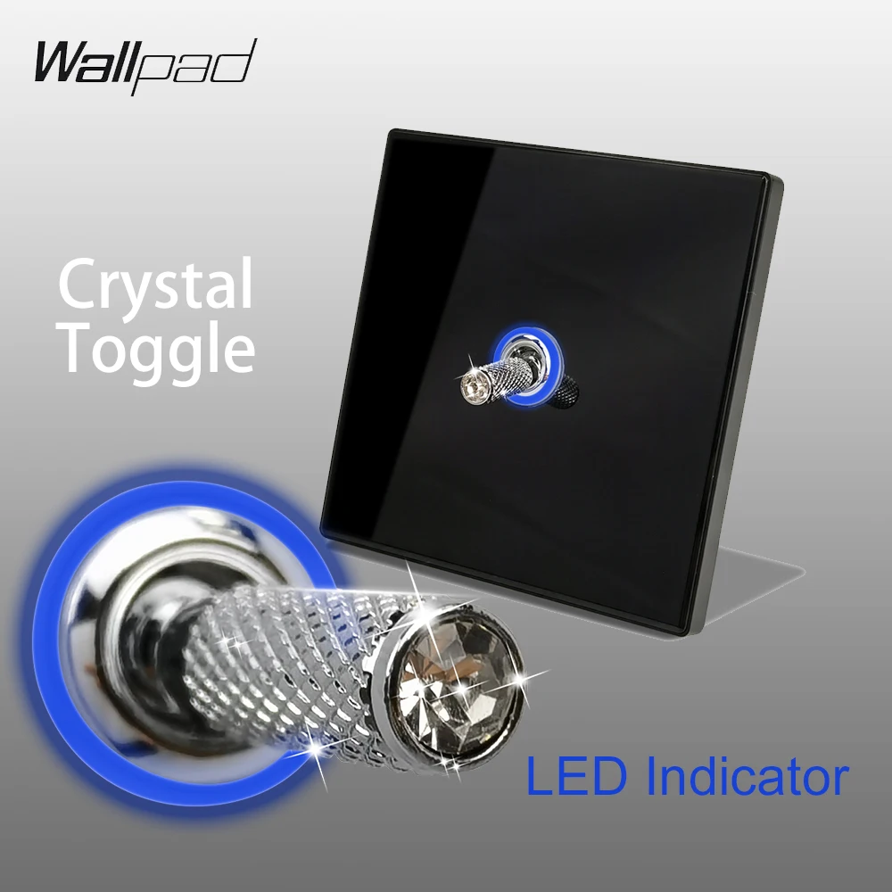 Wallpad Toggle Wall Light Switch 1 2 3 Gang Crystal Glass Panel Blue Circle LED Indicator Round Corner Frame