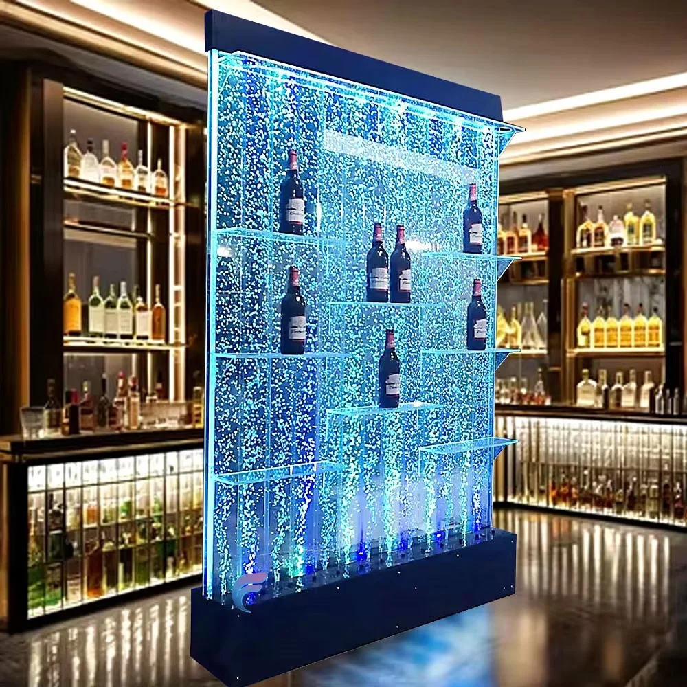 

Customization.Indoor RGB LED Color-Changing Acrylic Bubble Water Wall Fountain & Room Divider with Liquor Shelf Display