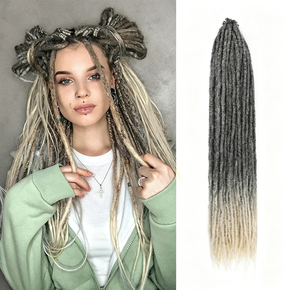 Ombre Grey Reggae Hippie Dreadlocks Distressed Braids 24 Inch Synthetic Handmade Faux Locks Pre Looped Crochet Braids Extensions