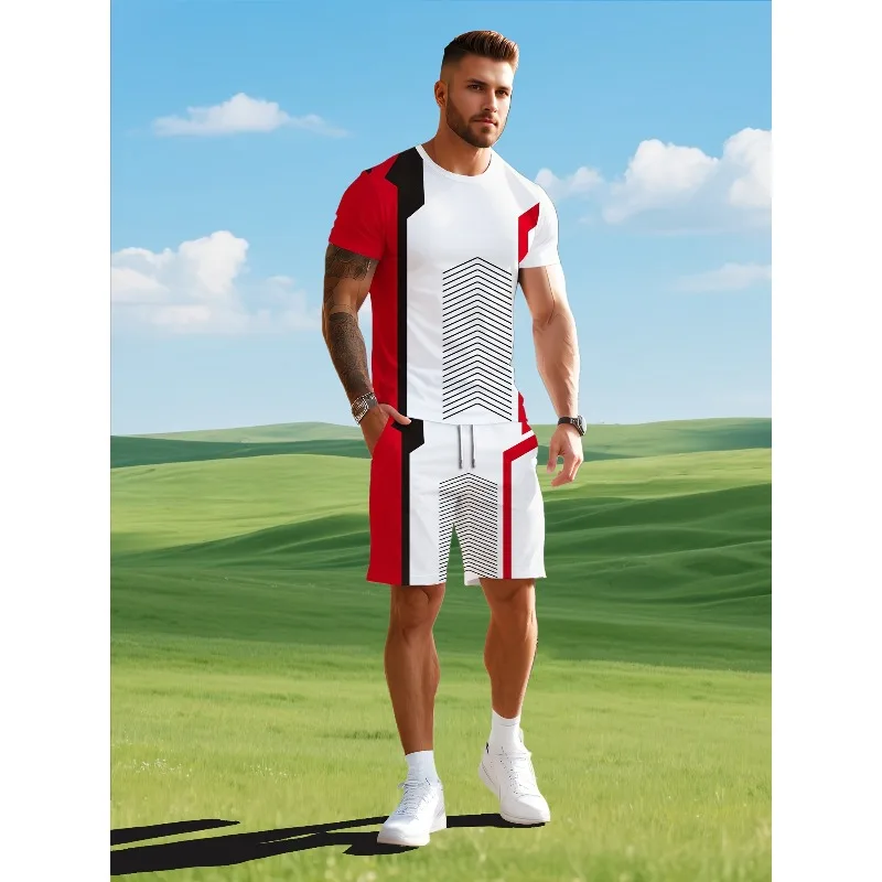 2025 Summer Men's Daily Leisure Sports Street Travel Personalized 3D Printed Round Neck Short Sleeved T-shirt Shorts Set