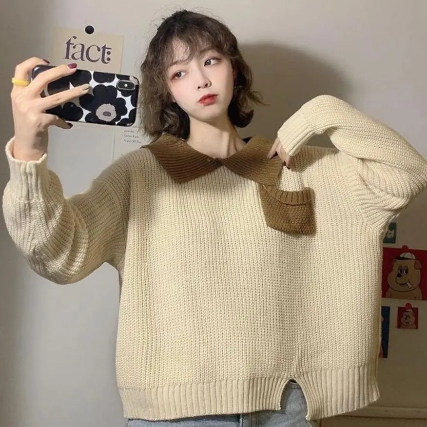 Autumn and winter Korean style tops for students with contrasting colors POLO collar loose ins long-sleeved sweater for women