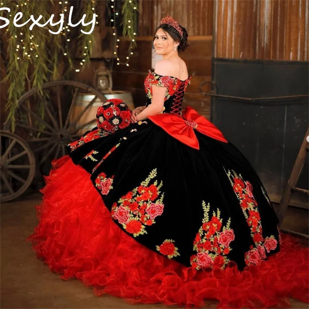 

Роскошные красные черные винтажные платья Quinceanera с многоярусными оборками, мексиканские платья Charro Xv 15-15 лет 2023, с большим бантом, для помолвки