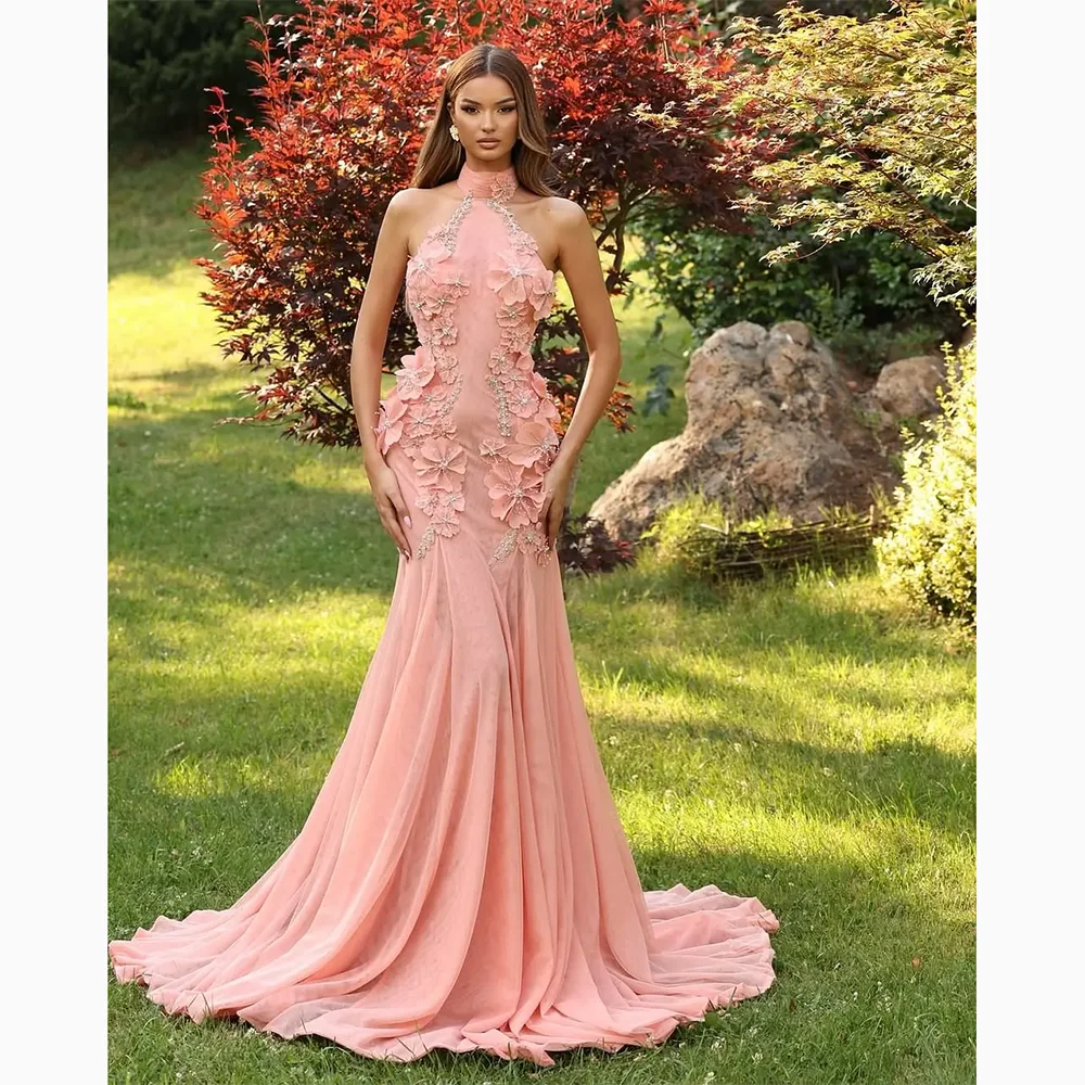 

Pink Evening Dresses Customized High Collar Sleeveless Floor Length Prom Gown Fashion Flowers Crystal A Line Party Gown
