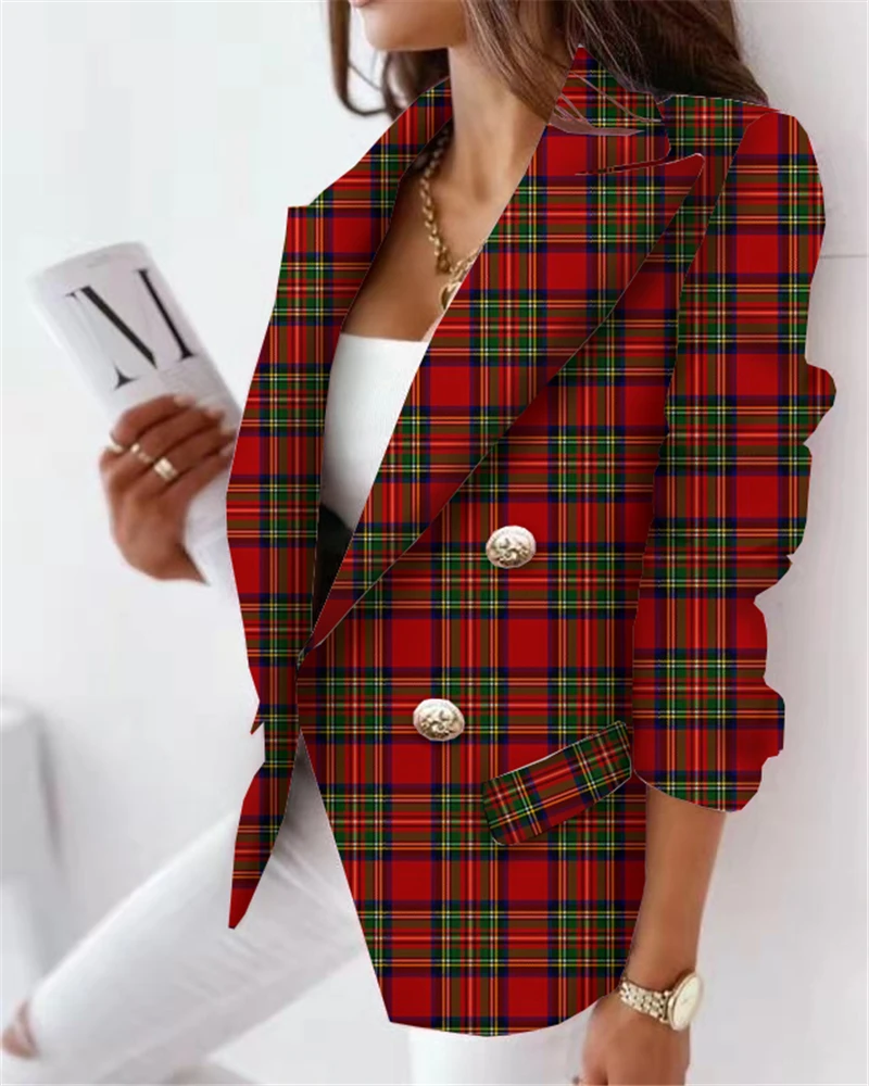 Women\'s Clothing Lattice Suit Western-Style Lapel Button Lid Pocket Fashion