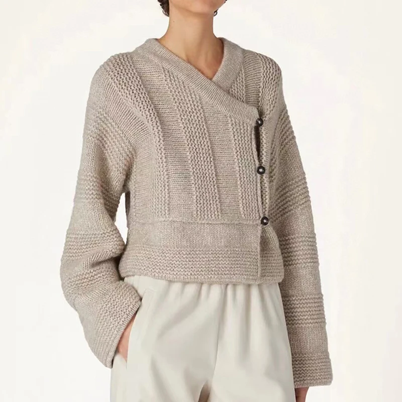 Casaco de cashmere de manga comprida para mulheres, camisola de malha com botão lateral, camisola elegante e de alta qualidade, novo outono 2020