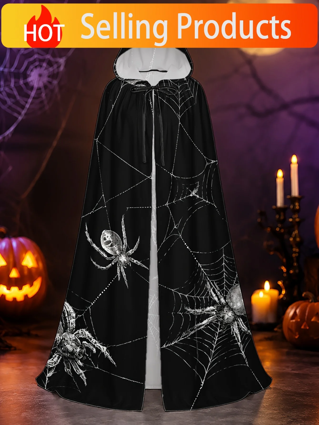 1pc Adult Hooded Cape with Black Spider Web Print - Long Loose-Fit Bat Costume Accessory Suitable for Halloween & Christmas Them